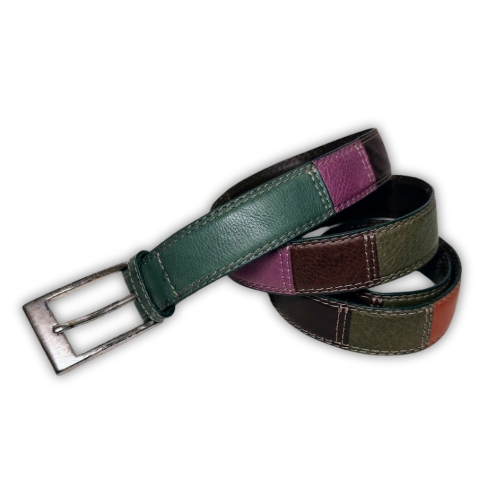 Fossil Womens XL Patchwork Genuine Leather Belt Multi Color Boho Green Purple